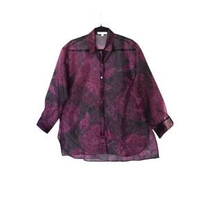 DR2 Sheer Floral Button-Down Blouse Women’s Small Purple Burgundy Long Sleeve